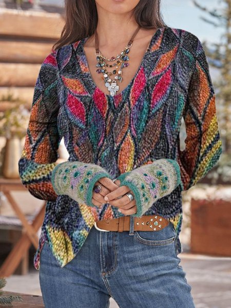 

Long Sleeve V Neck Casual Sweater, As picture, Tops