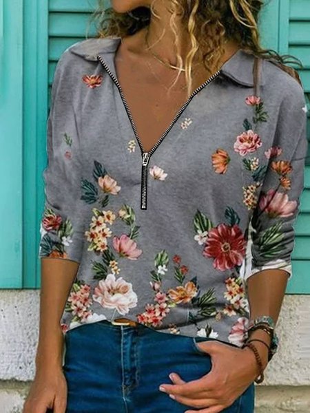 

Top Maniche Lunghe Stampato Casuale, Grigio, Blouses & Shirts