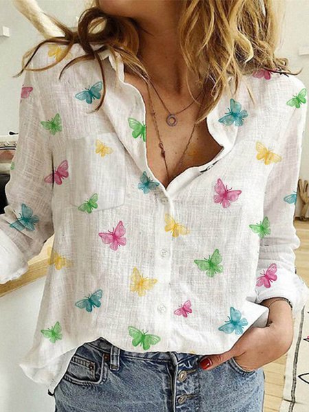 

Shift Casual Shawl Collar Cotton Blouse, As picture, Shirts & Blouses
