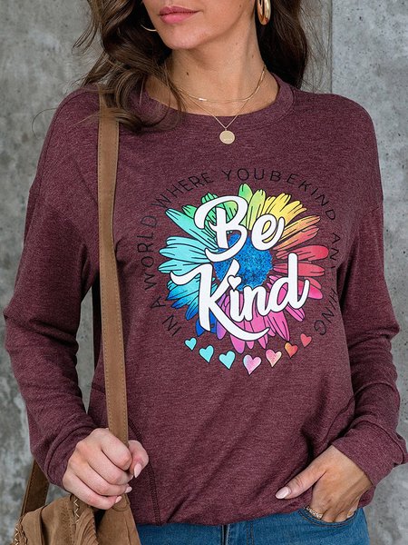 

Long Sleeve Letter Casual Top, Wine red, Tees