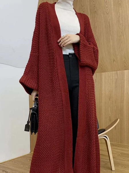 

Vintage Plain Cable Long Sleeve Casual Sweater Cardigan, Wine red, Sweaters