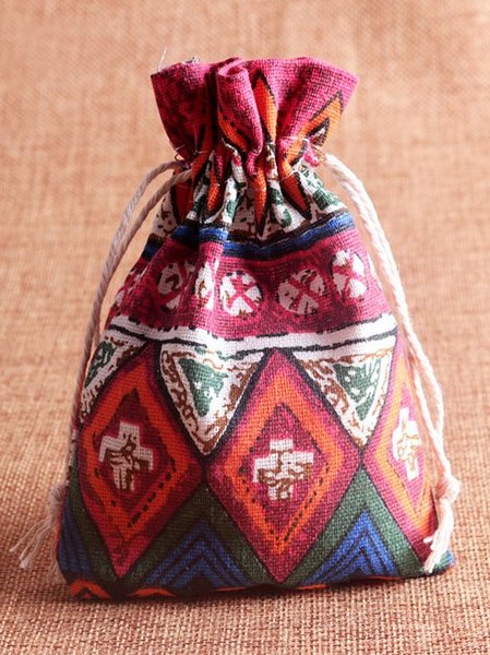 

Vintage Boho Printed Jewelry Packaging Storage Drawstring Small Bag, Red, Storage