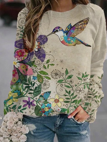 

Apricot Floral Bird Printed Casual Long Sleeve Shirts & Tops, Hoodies & Sweatshirts