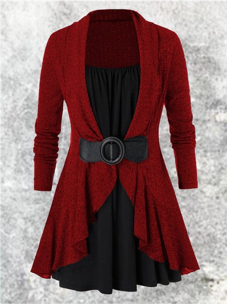 

Flounce Solid Cotton-Blend Long Sleeve Weaving Dress, Red, Dresses