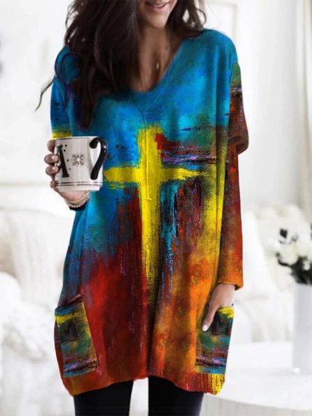 

Cotton Crew Neck Shift Long Sleeve Shirts & Tops, Image color, Blouses & Shirts
