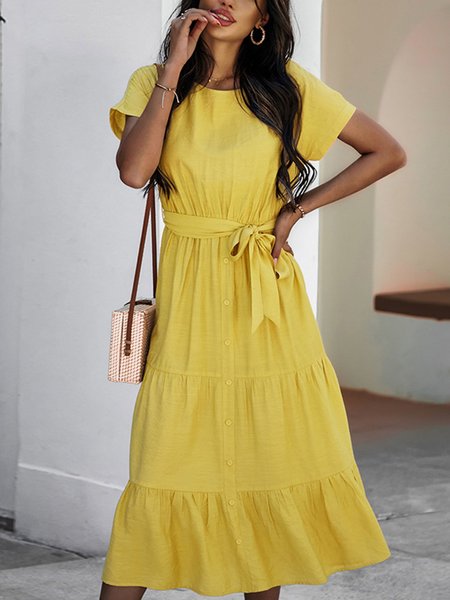 

Short Sleeve A-Line Dress, Yellow, Midi Dresses