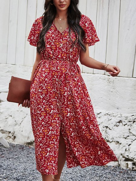 

A-Line Floral V Neck Dress, Red, Midi Dresses