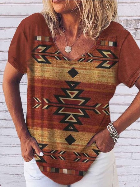 

Geometric Short Sleeve T-shirt, Brick red, Blouses & Shirts