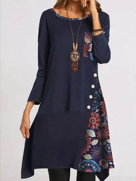 

Vintage Floral Crew Neck A-Line Knitting Dress, As picture, Midi Dresses