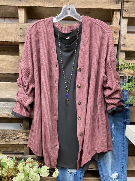 

Plain V-Neck Cotton-Blend Long Sleeve Fleece Coat, Pink, Cardigans