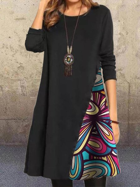 

Long Sleeve Crew Neck Casual Knitting Dress, Black, Midi Dresses