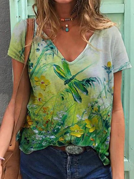 

Short Sleeve Floral V Neck Floral-Print Shirts & Tops, Multicolor, T-Shirts