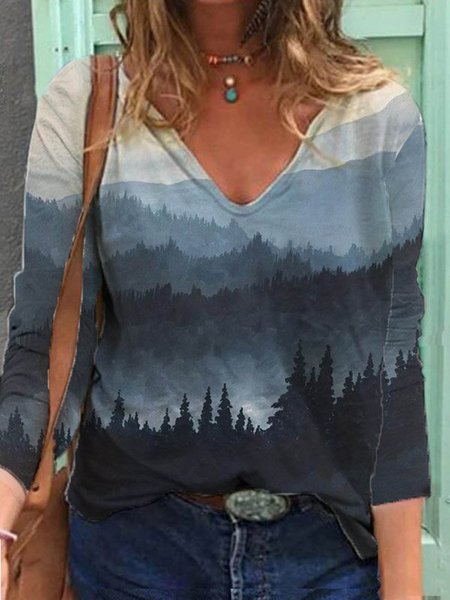 

Casual Long Sleeve Shift V Neck T-shirt, As picture, Long sleeve tops