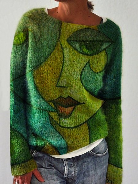 

Casual Abstract Cotton Crew Neck Top, Image color, Pullovers