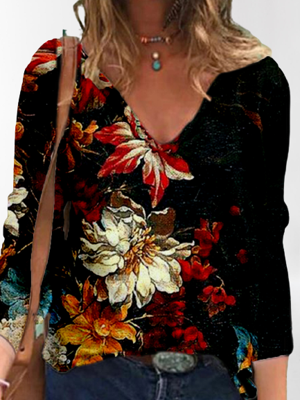 

Printed Cotton-Blend Long Sleeve Shirts & Tops, Black, Blouses & Shirts