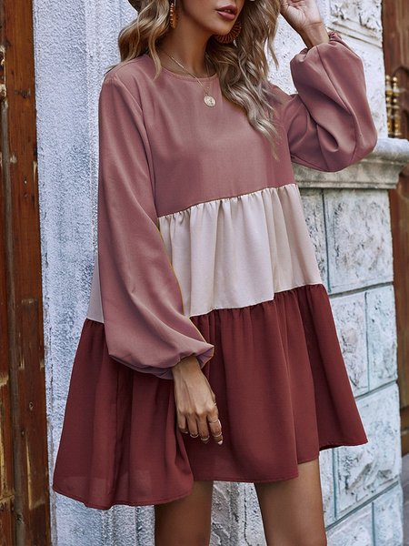 

Crew Neck Long Sleeve Color-Block Mini Dress, Red, Mini Dresses