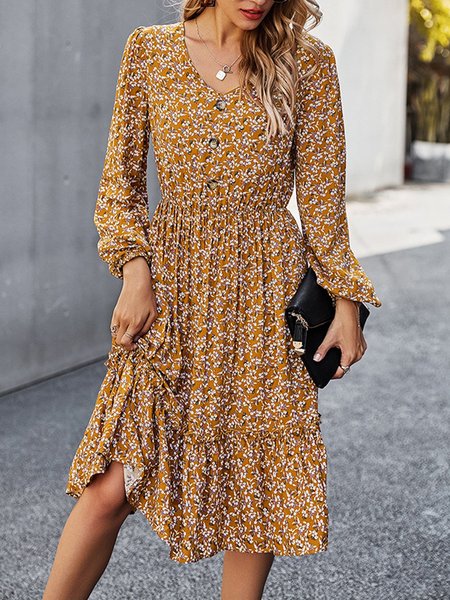

Floral Printed V Neck Long Sleeve Midi Dress, Orange, Dresses