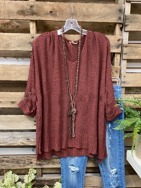 

Long Sleeve Solid Sweater, Wine red, T-Shirts