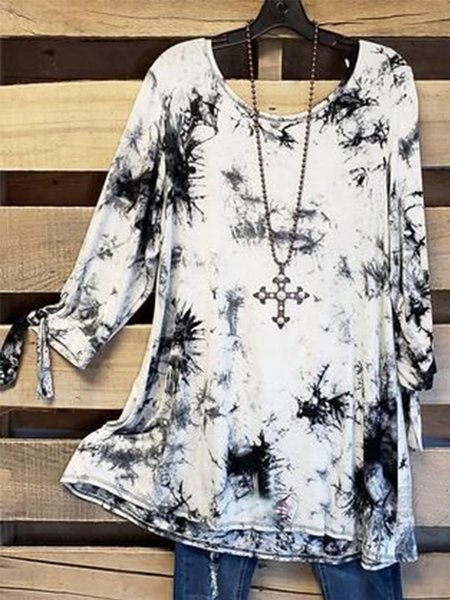 

3/4 Sleeve Casual Crew Neck Abstract Shirts & Tops, White-black, Winter Clearance