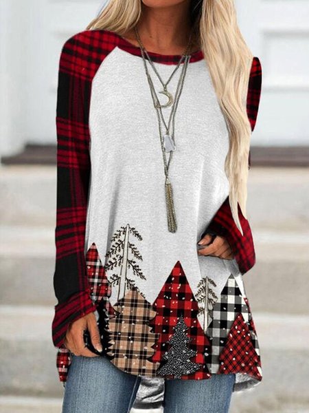 

Top a Scacchi Colore-block Casuale Maniche Lunghe, Rosso, Sweater