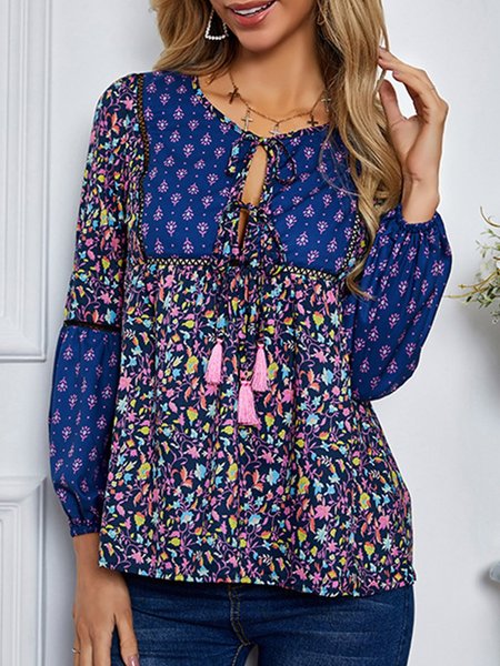 

Long Sleeve Crew Neck Printed Boho Top, Blue, Blouses and Shirts