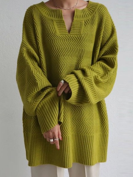 

Casual Long Sleeve V Neck Plain Sweater, Green, Sweaters