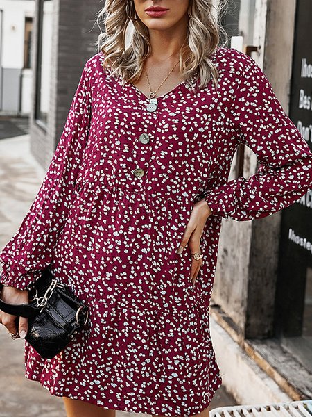 

Printed Shift Casual Mini Dress, Wine red, Mini Dresses