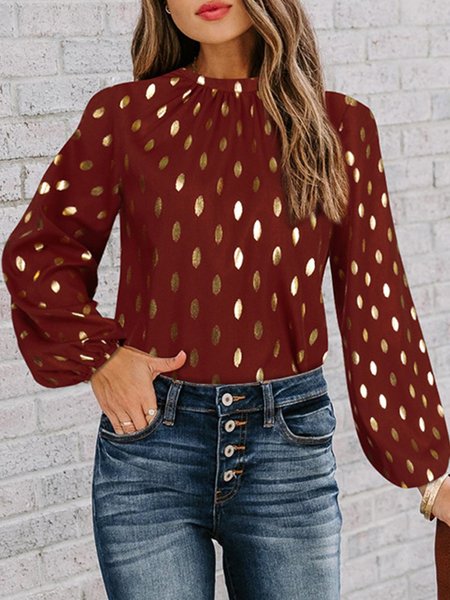 

Printed Long Sleeve Polka Dots Crew Neck Top, Wine red, Blouses and Shirts