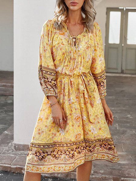 

Floral Long Sleeve Dress, Yellow, Dresses