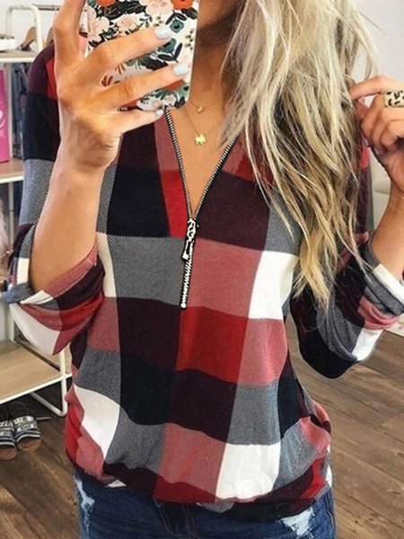 

Print V-Neck Long Sleeves Casual Blouses, Red, Long sleeve tops