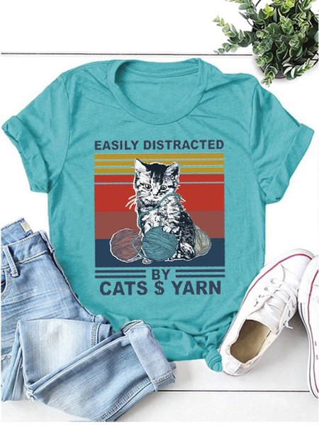 

Easily Distracted By Cat ¥ Yarn Graphic Tee, Turquoise, T-shirts