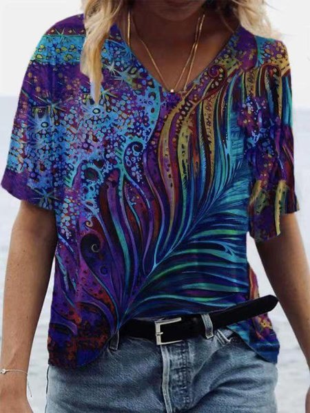 

Graphic Short Sleeve Cotton V Neck T-shirt, Blue, Tees & T-shirts