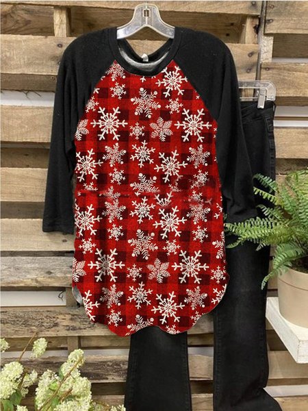 Casual Cotton-Blend Crew Neck Printed Blouse, Red, Blouses
