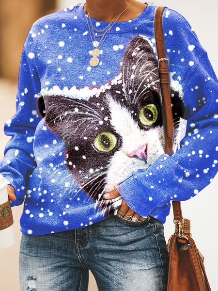 

Christmas cat Sweatshirt Loosen Cotton Blends Sweatshirt & Hoodies, Blue, Sweatshirts & Hoodies