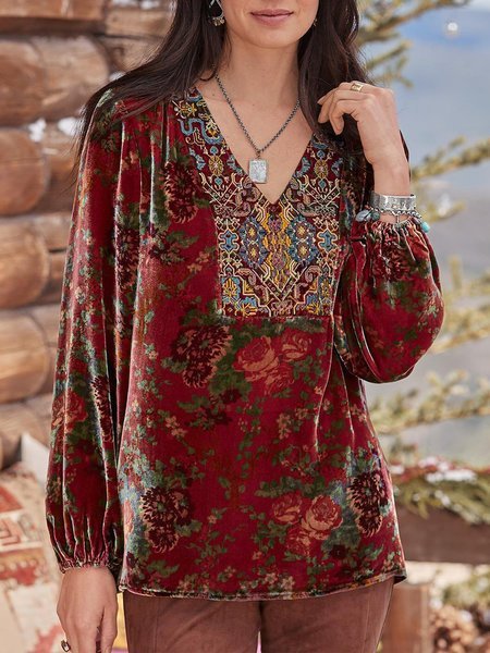 

Women's Shift Casual Floral Velvet Shirts, Wine red, Tees & T-shirts