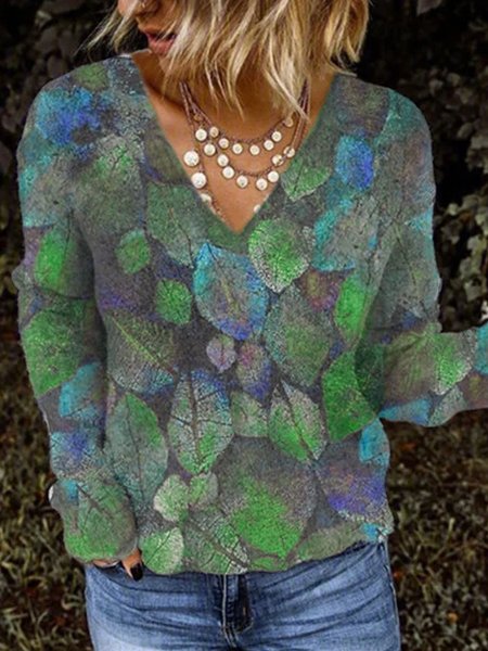 

Plus Size Floral Long Sleeve Vintage Shirts & Tops, Green, Knitwear & Sweaters