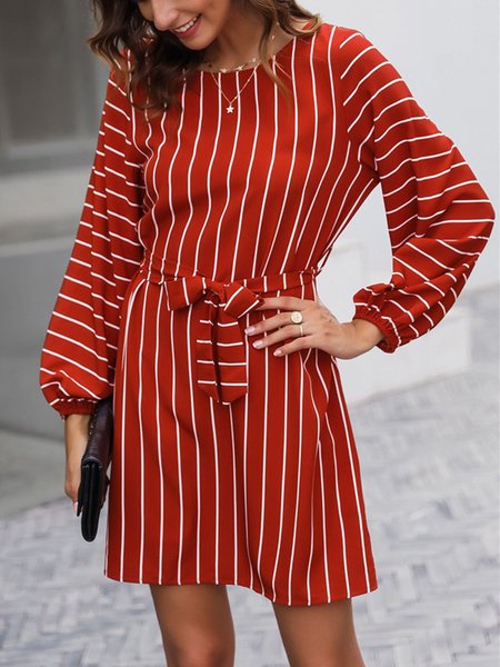 Crew Neck Stripes Dress, Red, Mini Dresses