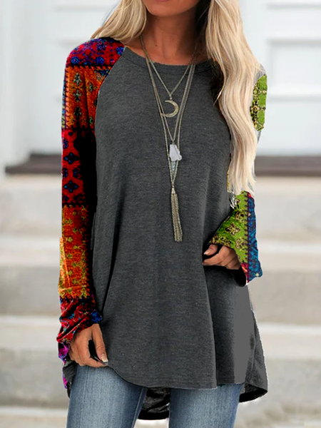 

Color-Block Long Sleeve Cotton Vintage Shirts & Tops, Red gray, Tops