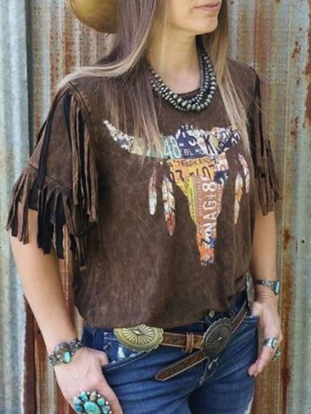 

Short Sleeve Printed Vintage T-shirt, Coffee, Tops
