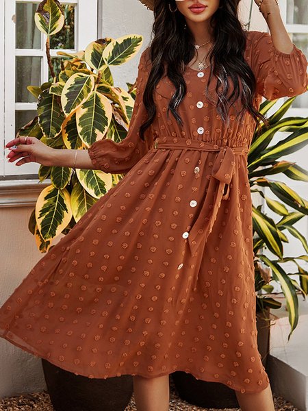 

Jacquard Long Sleeve V Neck Midi Dress, Caramel, Midi Dresses