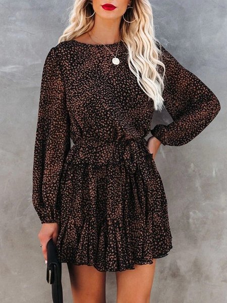 

Polka Dots Crew Neck Printed Long Sleeve Mini Dress, Black, Mini Dresses