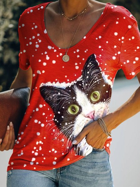 

Christmas Cat T Shirt Women Casual V Neck Shirt Top, Red, T-shirts