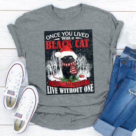

Snow Christmas Cute Black Cat T-Shirt, Gray, T-shirts
