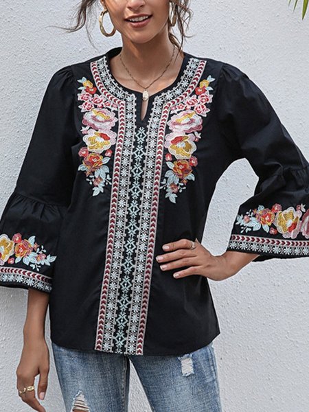 

3/4 Sleeve Holiday Embroidered Top, Black, Blouses and Shirts
