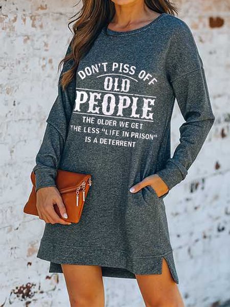 

Casual Long Sleeve Round Neck Printed Dresses, Gray, Dresses