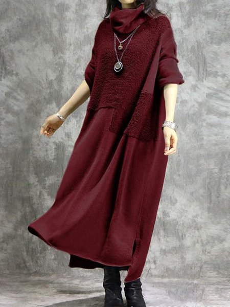 

Long Sleeve Vintage Shift Turtleneck Dresses, Red, Casual Dresses