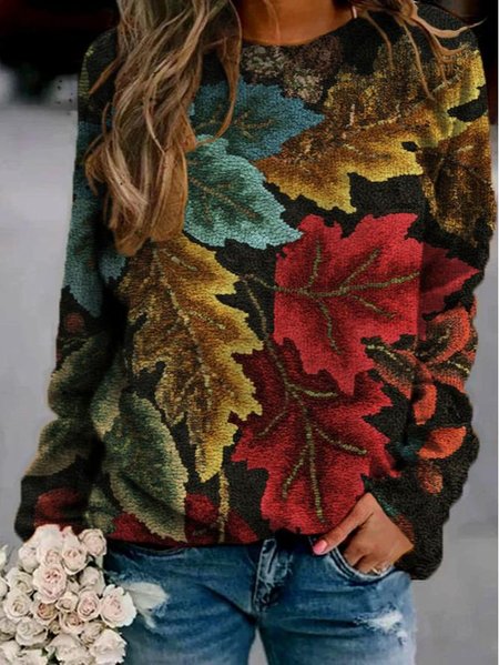 

Casual Leaves Print Long Sleeve Sweatshirt, Black, Winter Clearance