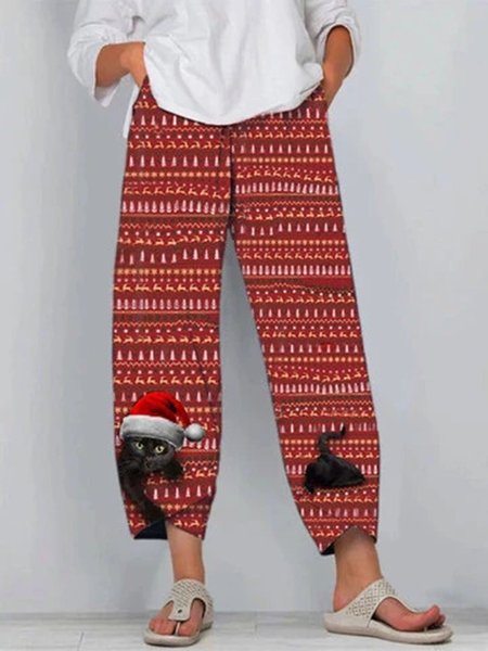 

Christmas Cat Print Elastic Waist Vintage Plus Size Pants, Red, Pants