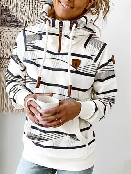 

Casual Print Striped Long Sleeve Hooded, White, Tops