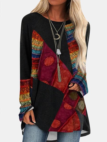 

Elegant Printed Round Neck Long Sleeve Tops, Red, Blouses & Shirts